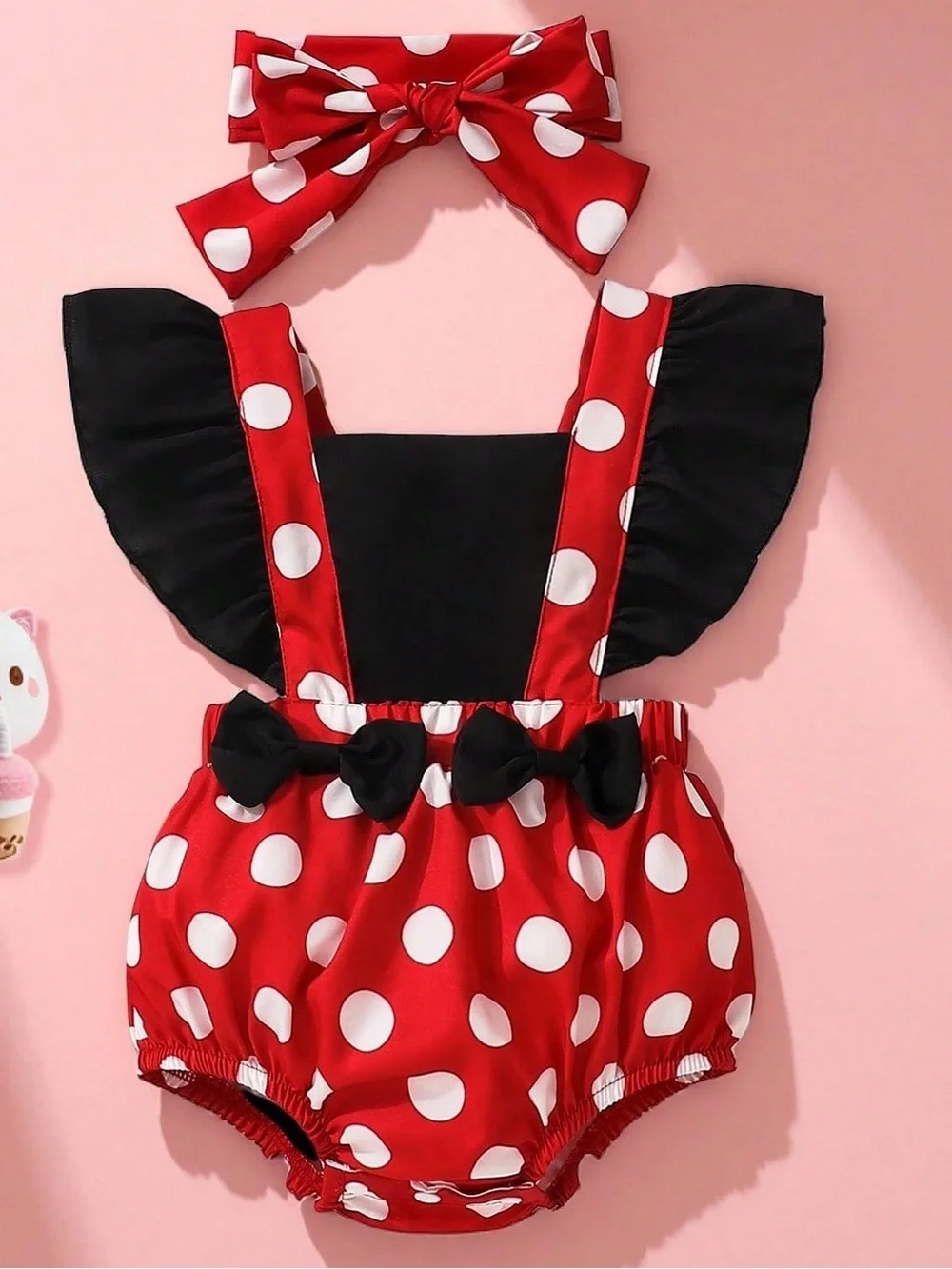 Minnie mouse Red Polka Dot Baby Romper with Black Bow & Headband